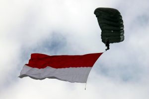  Sejumlah peterjun Batalyon Intai Amfibi-1 Marinir (Yontaifib-1 Mar) melaksanakan demo terjun payung dalam rangka pembukaan Kasal Cup 2017 di Teluk Kendari, Sulawesi Tenggara. Kamis (07/09/2017).
